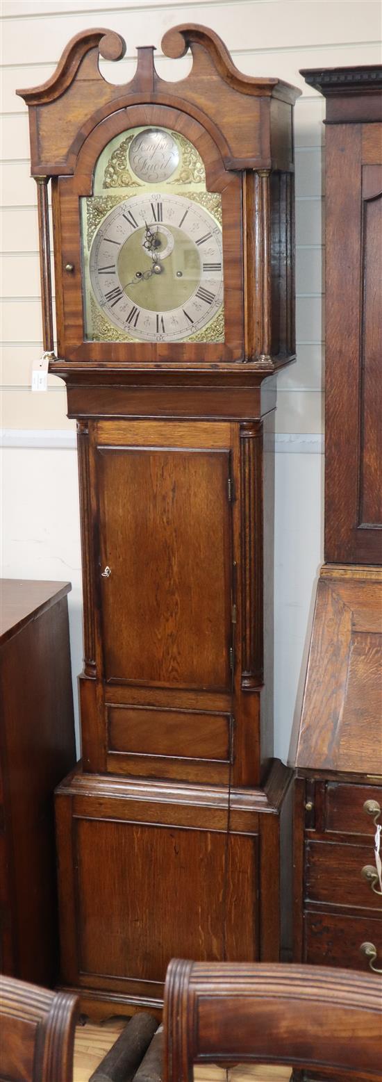 A late 18th century, oak and mahogany eight day longcase clock H.212cm